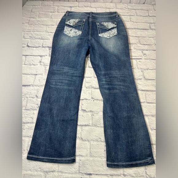 Cato Premium Dark Blue Flare Jeans w/ Lace and Rhinestone Detail. - Picture 2 of 8
